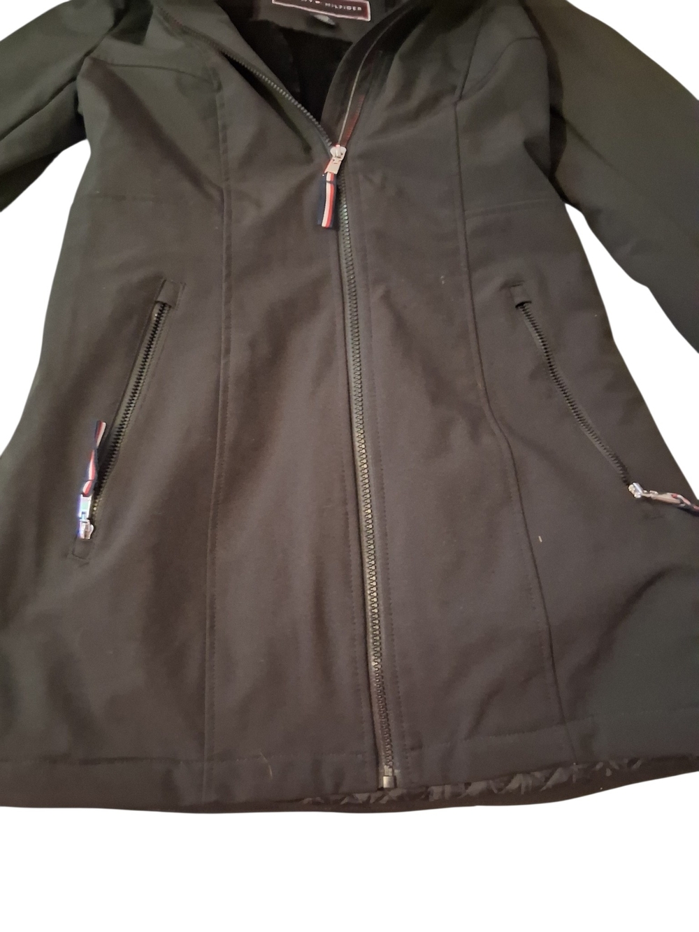 Tommy Hilfiger Black Hooded Trench Coat with Faux-Fur Trim - Picture 3 of 5